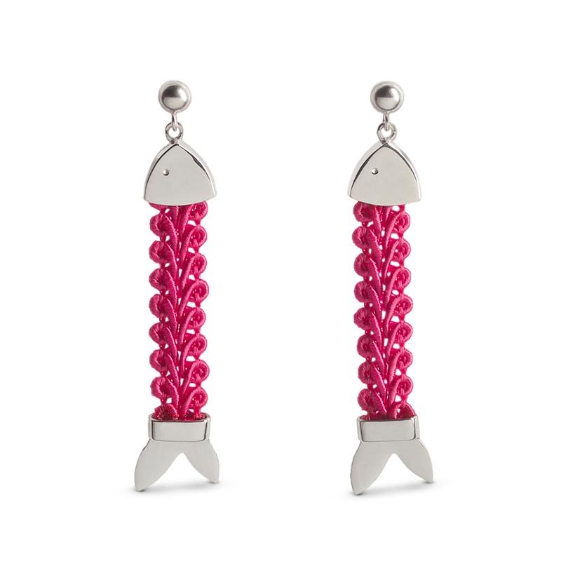 orecchini argento passamaneria tessuto pendenti pesci fuchsia