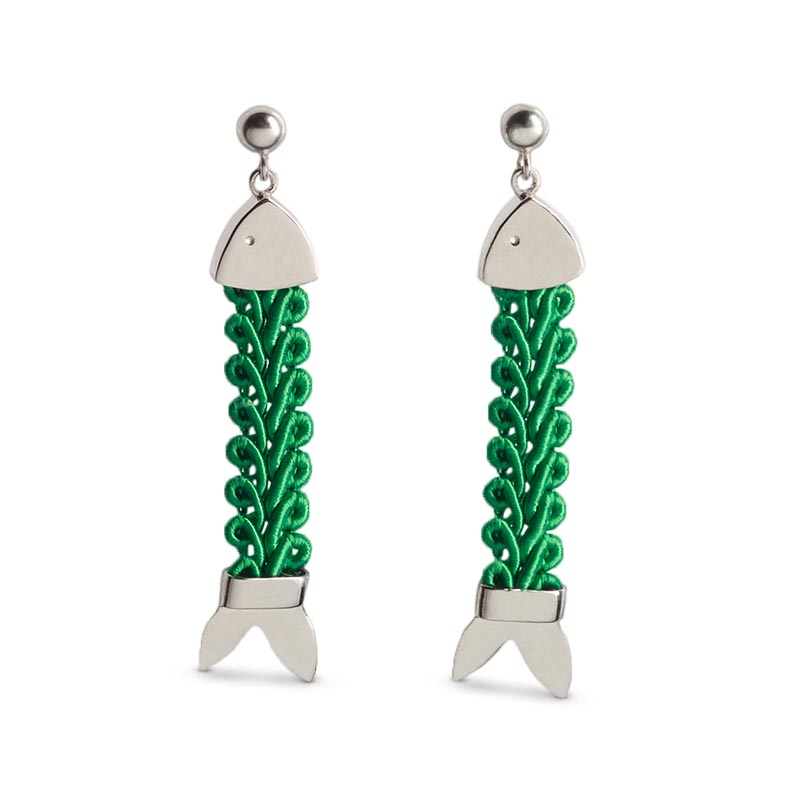 orecchini argento passamaneria nastri pendenti pesci verde