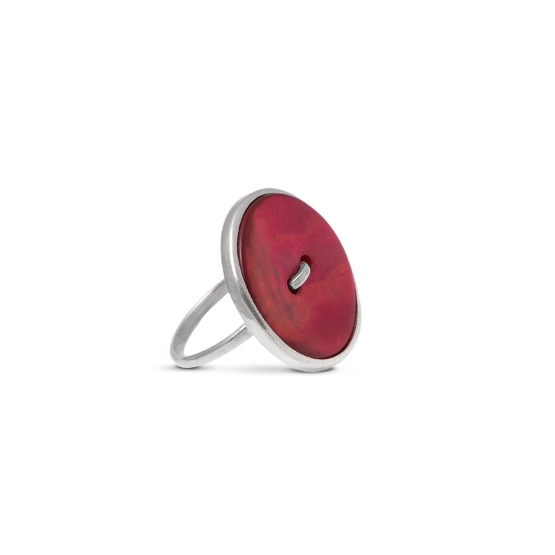 anello argento madreperla bottone grande rosso fatto a mano italia